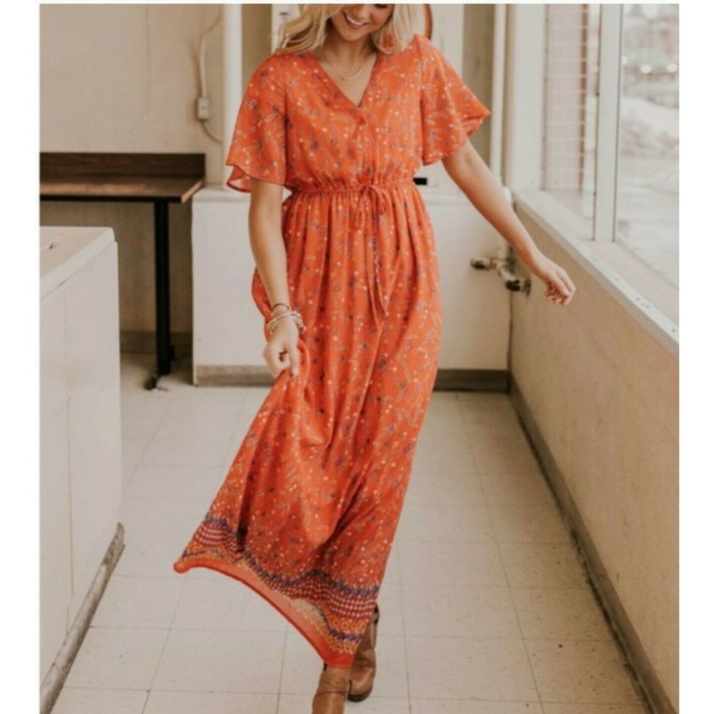 Roolee Orange Floral Maxi Dress With Drawstring